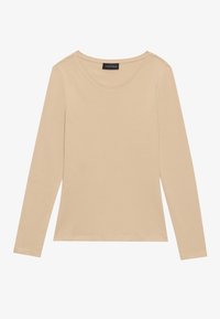 Long-sleeved beige top made from soft fabric. Features a round neckline and minimal seams for a clean design.