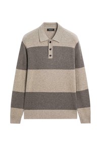 Svetr se šedými a béžovými pruhy, s límcem a čtyřmi knoflíky na knoflíkové légě. Pletená textura s žebrovanými manžetami a spodním lemem.