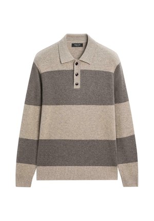 Pullover in Grau- und Beigetönen mit Kragen und vier Knöpfen. Gestrickte Textur mit gerippten Bündchen und Saum.