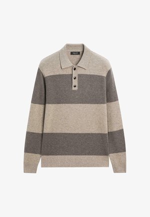 Svetr se šedými a béžovými pruhy, s límcem a čtyřmi knoflíky na knoflíkové légě. Pletená textura s žebrovanými manžetami a spodním lemem.