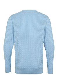 Lys blå kabelstrikket genser med lange ermer, ribbet mansjetter og nederkant. Har et teksturert mønster på tvers av rygg og kropp.