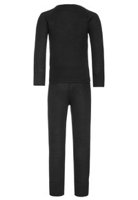 Schwarzes thermo Zweiteiler-Set, bestehend aus einem Langarm-Oberteil mit rundem Ausschnitt und passenden, engen Hosen, gefertigt aus einem weichen, atmungsaktiven Material.