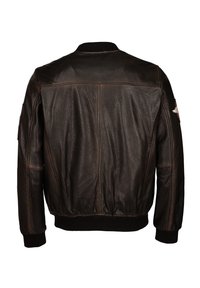 Braune Leder-Bomberjacke mit gerippten Bündchen und Bund, Rückansicht und einem Aufnäher am oberen Ärmel.