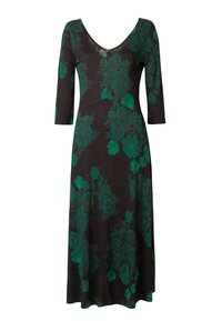 Robe noire à motif floral vert, présentant un décolleté en V et des manches trois-quarts. Confectionnée dans un matériau lisse, design fluide.