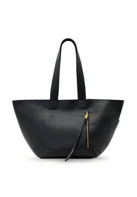 Sac fourre-tout en cuir noir avec une forme structurée, des poignées plates, une poche avant avec un détail de fermeture éclair dorée, et une texture lisse.