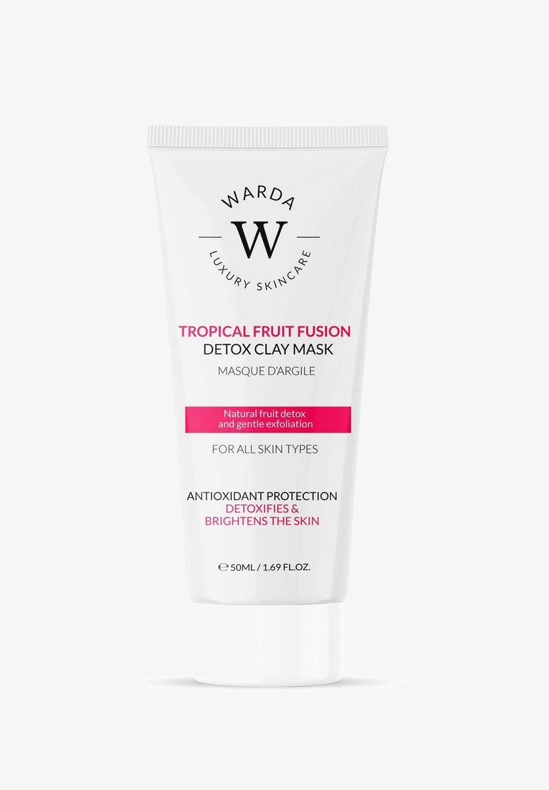 Biała tubka z zakrętką na wkręt, z czarnym napisem i różowym paskiem. Nazwa produktu: Oczyszczająca Maseczka Clay Tropical Fruit Fusion, 50ml.