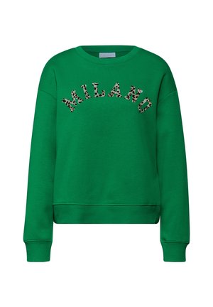 Zielona bluza z okrągłym dekoltem, na przodzie z napisem "MILANO" wykonanym w zwierzęcym wzorze. Mankiety i dół bluzy wykończone ściągaczem.