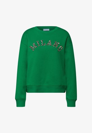 Groene trui met een ronde hals, met het woord "MILANO" in dierenprint letters aan de voorkant. Geribbelde manchetten en zoom.