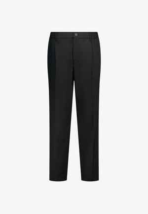 Pantaloni neri con vestibilità sartoriale. Presentano una chiusura con bottone e una cintura in vita. Tessuto liscio con pieghe per un aspetto curato.