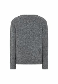 Grijze wollen trui, ronde halslijn, lange mouwen, zachte textuur, minimale patroon, iets losse pasvorm, geen zichtbare hardware of accenten.