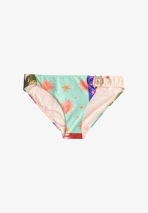 Slip de bikini multicolor cu imprimeuri de soare și stele, având un detaliu decorativ cu un inel pe o parte și un mix de culori pastelate și strălucitoare.