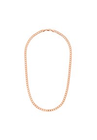 Collana in metallo rosa con maglie intrecciate. Texture liscia, forme rotonde, dotata di una chiusura sicura.