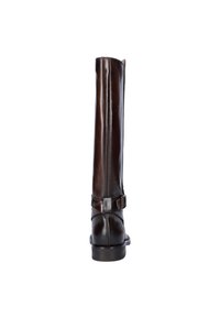 Brown leather knee-high boot with a smooth finish, featuring a side buckle detail and a stacked heel.