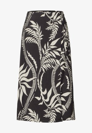 Gonna avvolgente con sfondo nero e grandi motivi di foglie bianche, vita elastica e dettaglio con legatura laterale. Tessuto morbido e leggero.