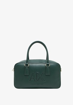 Bolso de piel verde oscuro de Armani Exchange con asas dobles y logotipo AX grabado en la parte frontal.