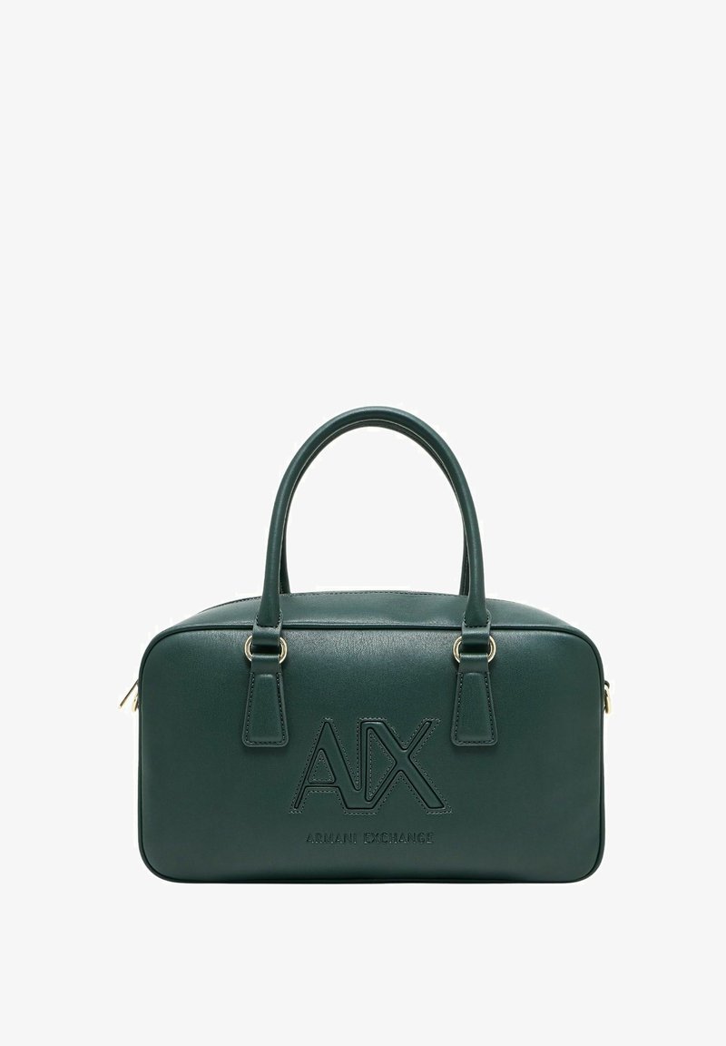 Borsa in pelle verde scuro di Armani Exchange con doppi manici e logo AX impresso sul davanti.
