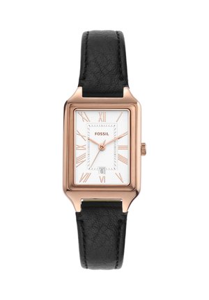 Rechteckige roségoldene Uhr mit weißem Zifferblatt, römischen Ziffern, Datumsfenster bei 6 Uhr und schwarzem Lederarmband.