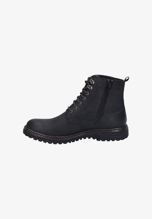 Stivali neri alla caviglia in pelle con punta rotonda, allacciatura frontale, cerniera laterale e dettagli testurizzati sulla parte superiore, caratterizzati da una suola robusta.