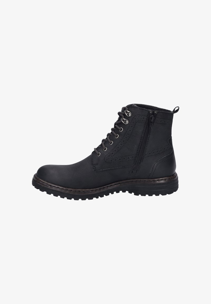 Botas negras hasta el tobillo, hechas de cuero, con puntera redonda, cordones en la parte delantera, cremallera lateral y detalles texturizados en la parte superior, que cuentan con una suela robusta.