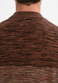 Moški nosi rjav pleten pulover z teksturiranim vzorcem in majhno črno oznako blagovne znamke na zgornjem hrbtu blizu ovratnika.
