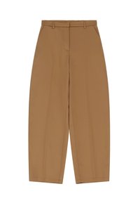 Pantaloni larghi color sabbia con una texture liscia, dotati di una vita piatta, piega frontale e due tasche laterali. Linee pulite e strutturate.
