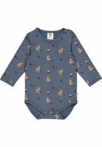 Dětský overal s dlouhým rukávem z měkké modré látky, se vzorem na téma jelena a přírody v hnědé barvě. Patentky na dně pro snadné obléknutí.