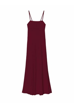 Robe maxi sans manches bordeaux avec des bretelles fines, un corsage ajusté et une jupe évasée fluide. Fabriquée en tissu lisse et léger.