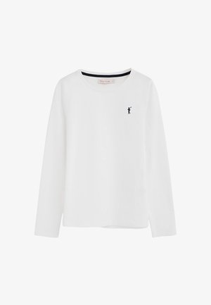 Chemise blanche à manches longues avec col rond, arborant un petit logo noir de joueur de polo sur le côté gauche de la poitrine et une finition intérieure du col noire.