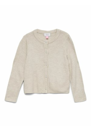 Beežikas pikkade varrukatega kootud kardigan ümarate kaelustega ja ees nööpidega, laotatud lamedalt.