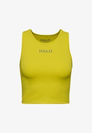 Żółty, krótki top z gładkiego materiału, z okrągłym dekoltem i szarym logo "HALO" nadrukowanym z przodu.