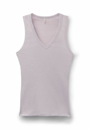 Jasnofioletowy, bezrękawnik z prążkowanego dzianiny, z dekoltem w serek, ułożony na płasko na białym tle.