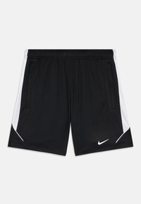 Pantalones cortos deportivos negros con paneles laterales blancos, cintura elástica, bolsillos laterales y un logo de Nike en blanco en la pierna izquierda.