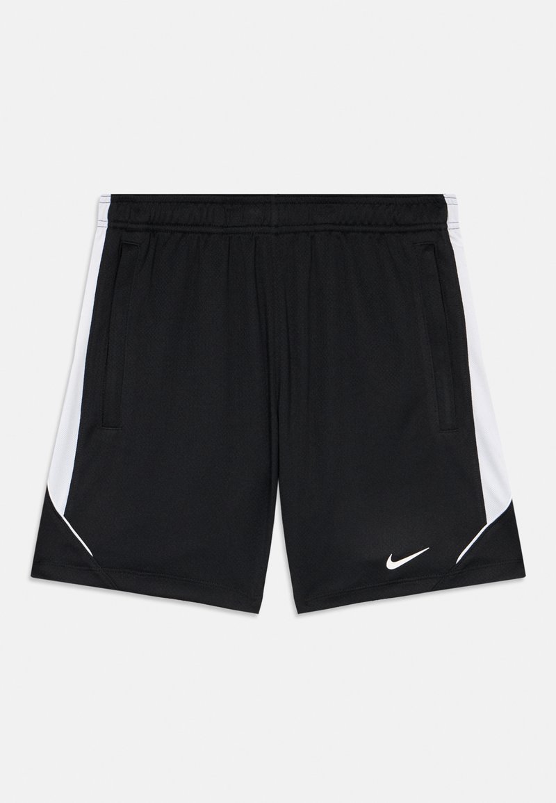 Pantalones cortos deportivos negros con paneles laterales blancos, cintura elástica, bolsillos laterales y un logo de Nike en blanco en la pierna izquierda.