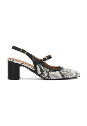 Black and white snakeskin-patterned slingback shoe with block heel, double buckle straps, and pointed toe.