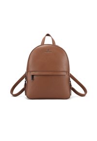 Zaino in pelle marrone con forma arrotondata, tasca frontale con cerniera, spallacci regolabili e una maniglia superiore per un facile trasporto.