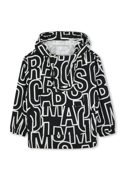 Zwarte pulloverjas met grote witte hoofdletters. Inclusief een capuchon, elastische manchetten en een voorzak met een logo-label.