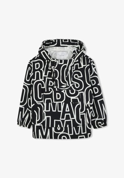 Zwarte pulloverjas met grote witte hoofdletters. Inclusief een capuchon, elastische manchetten en een voorzak met een logo-label.