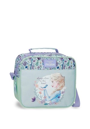 Bolsa de almuerzo para niños con temática de Frozen con Elsa sosteniendo un pájaro, patrones florales y el texto "siempre cerca del corazón" en el bolsillo delantero.