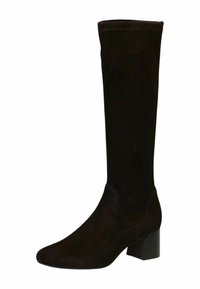 Bottes noires en daim jusqu'au genou avec un bout pointu, un talon bloc structuré et un design supérieur épuré avec des coutures sans faille.