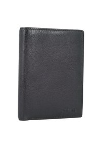 Black leather wallet with a textured surface, bi-fold design, embossed brand logo, and clean edges. Compact size suitable for easy carrying.