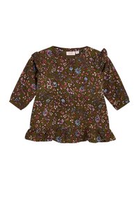 Top floral verde cu mâneci lungi, accente volanate, guler rotund și o tiv flared cu un model floral multicolor pe întreaga suprafață.