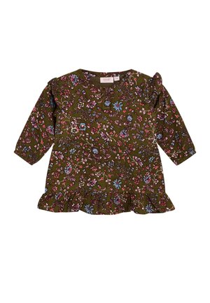 Green floral top featuring long sleeves, ruffled accents, a round neckline, and a flared hem with a multicolored flower pattern throughout.