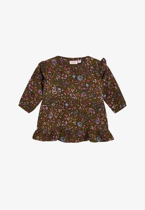 Green floral top featuring long sleeves, ruffled accents, a round neckline, and a flared hem with a multicolored flower pattern throughout.