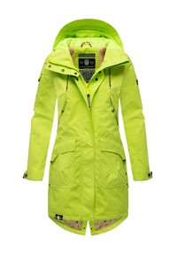 Fel geelgroene waterdichte parka met een capuchon, voorzien van rits- en drukknoopsluitingen, voorzakken en een bedrukte voering.