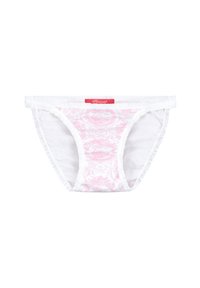Weiße Baumwollunterwäsche mit einer rosa gemusterten Vorderseite, Spitzendetails und einem roten Markenlabel am Taillenbund. Das Design weist filigrane Motive auf.