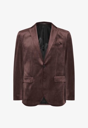 Pruun sametist bleiser, millel on üks nupp, teravad kraed ja kaks esiluku; sile tekstuur koos satiinviimistlusega sisemusega.