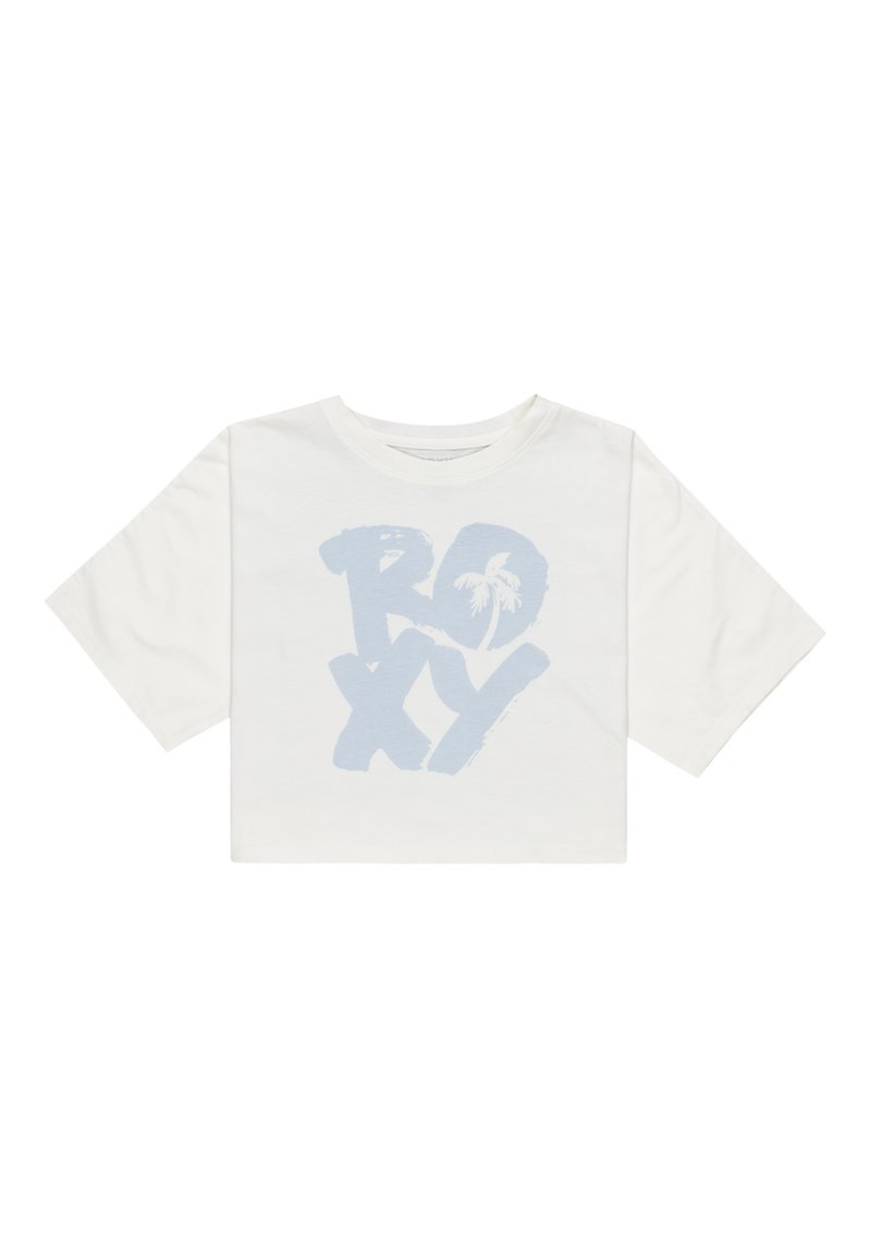 Camiseta blanca corta de algodón, con un gran gráfico en azul claro que dice "ROXY" acompañado de una palmera, y mangas cortas y anchas.
