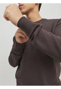 Felpa marrone scuro con polsini a costine, scollatura rotonda e una consistenza morbida; indossata in modo casuale, mani che regolano la manica sul braccio destro.