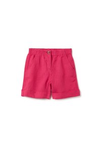Pantalones cortos de lino rosa con cintura elástica, que cuentan con bolsillos frontales y dobladillos enrollados. Diseño sencillo con un detalle de botón en la cintura.