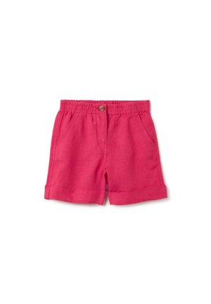 Shorts en lin rose avec une taille élastique, comportant des poches avant et des ourlets roulés. Design simple avec un détail bouton à la taille.